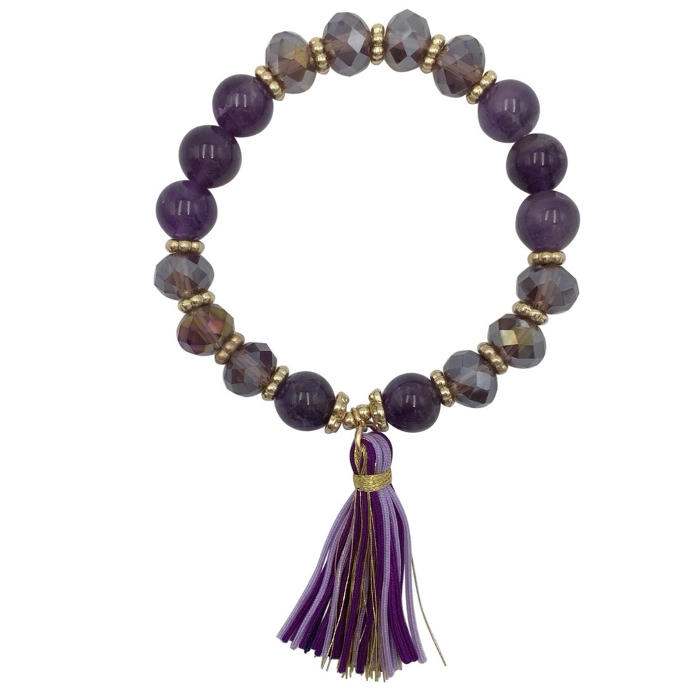 Purple Genuine Stone & Glass Beaded Tassel Stretch Bracelet